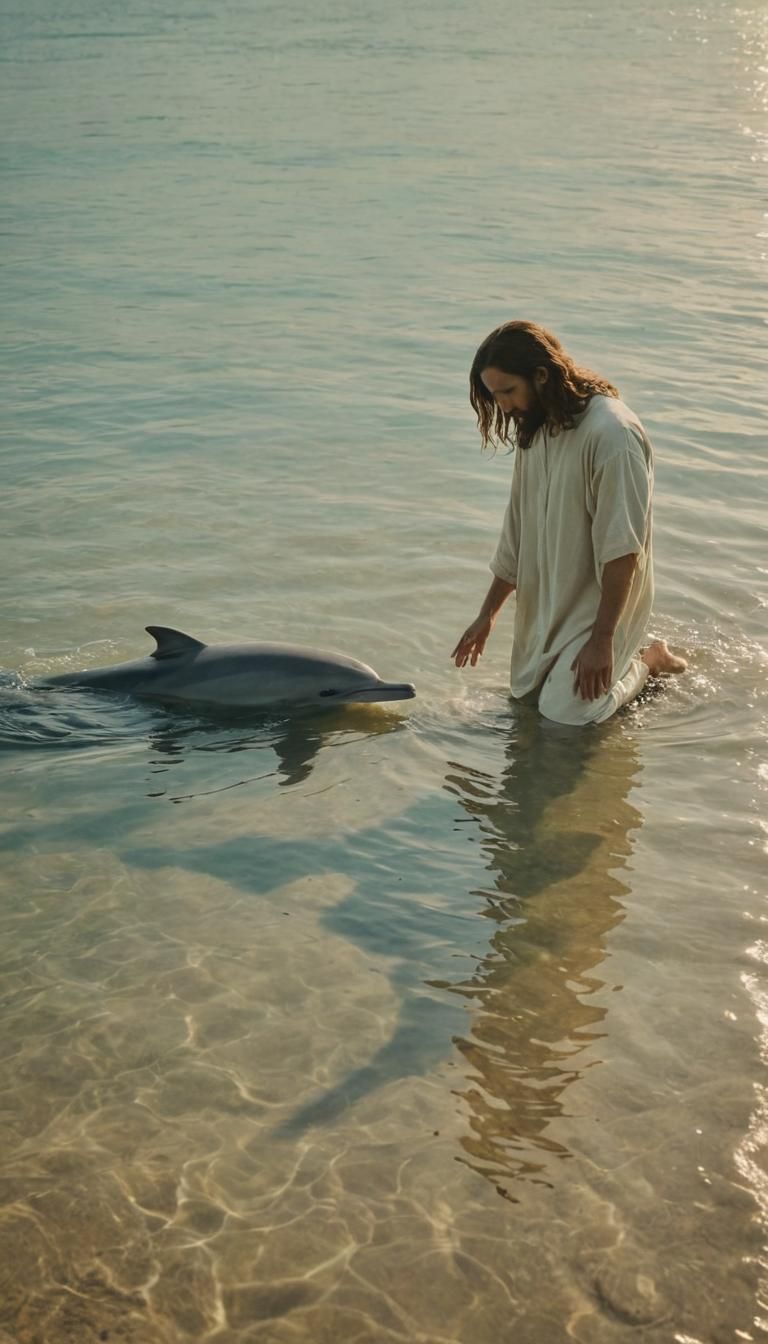 Jesus and Dolphin by Shore in Cinematic Lighting