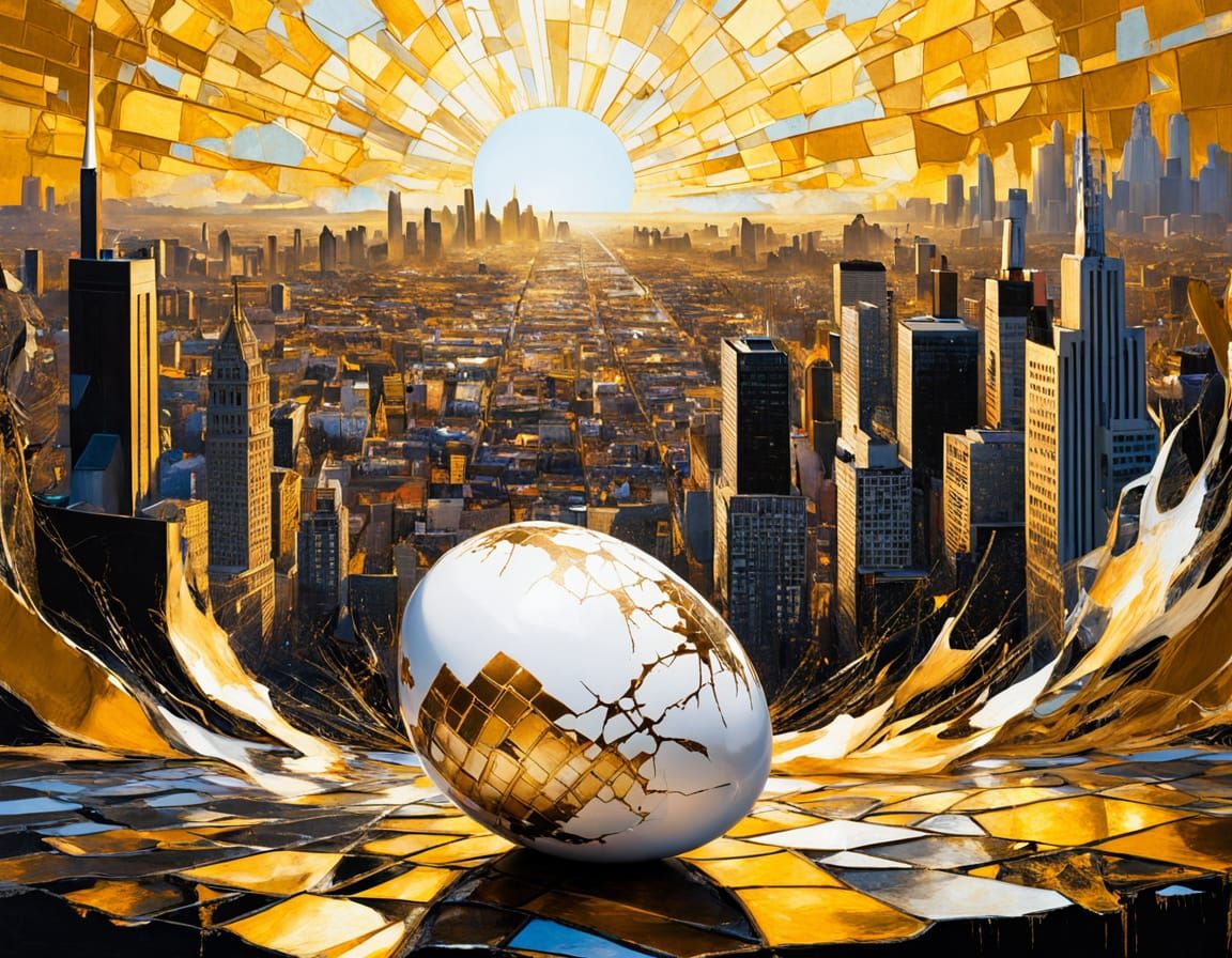 Golden Cityscape in Cracked Egg, Surreal Mixed Media
