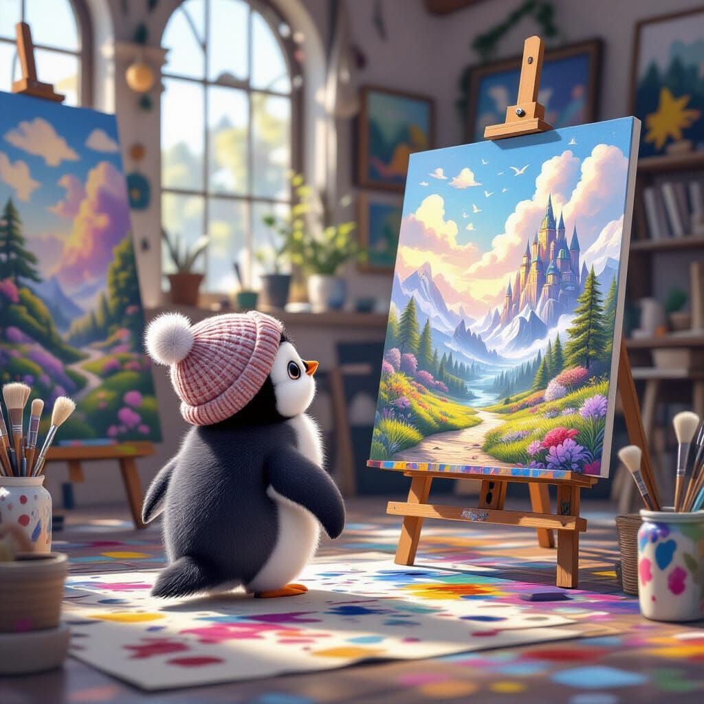 Penguin in Artist's Studio, Soft 3D Cartoon