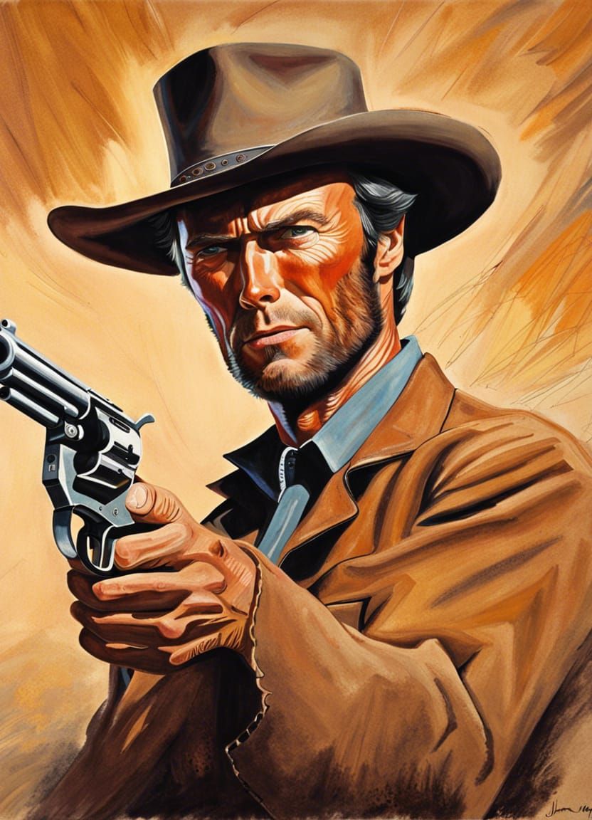 Clint Eastwood as Wild West Outlaw, Oil Painting