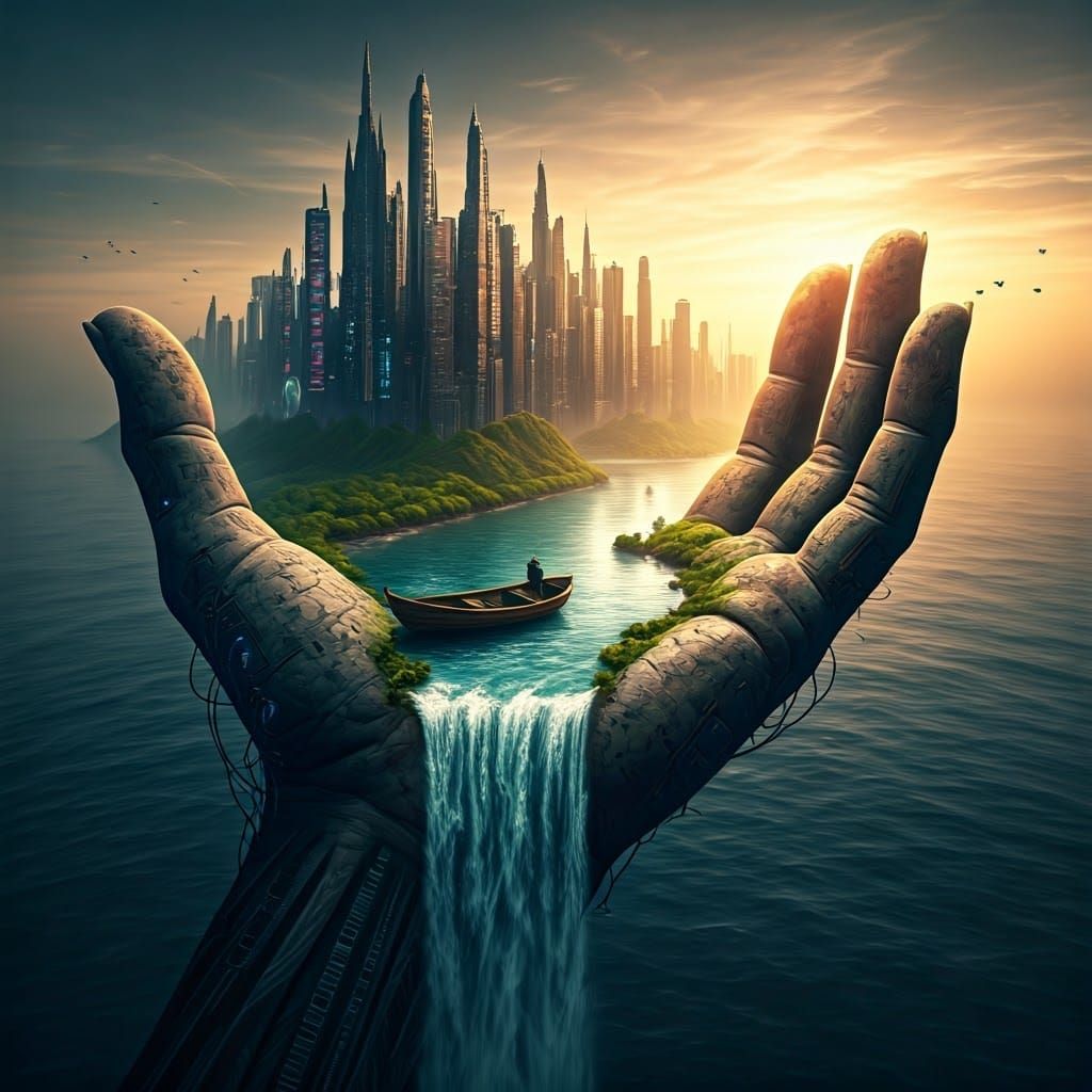 Surreal Cyberpunk Landscape with Giant Hand and Waterfall