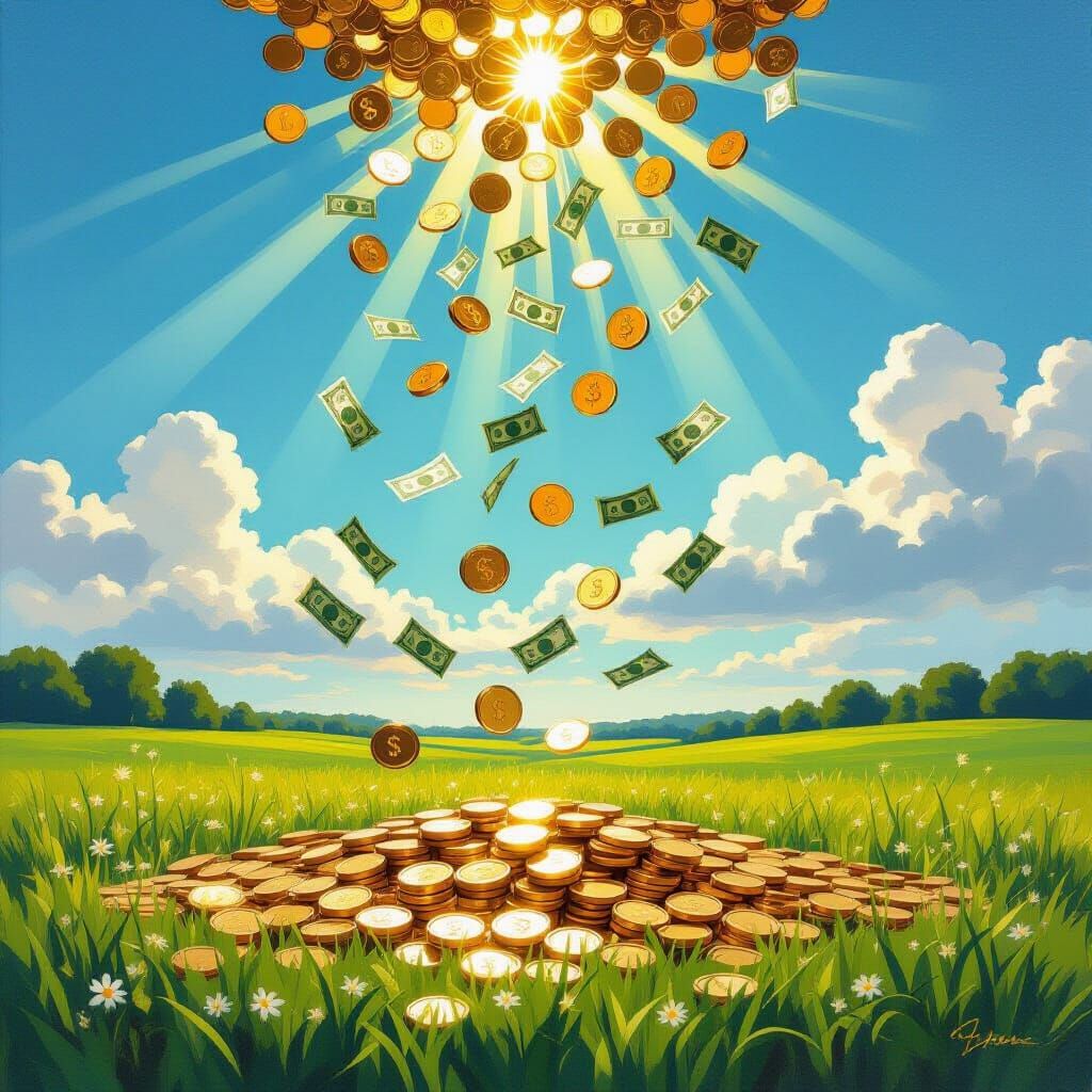 Abundant Gold Coins and Bills Showering Down in Golden Hour