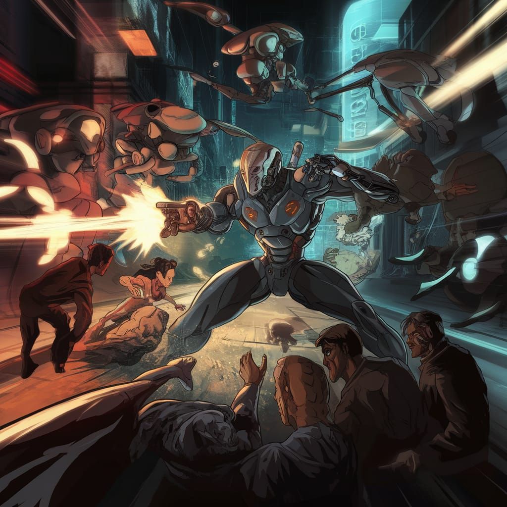 Cyborg Warrior Defends Survivors in Dystopian Cityscape