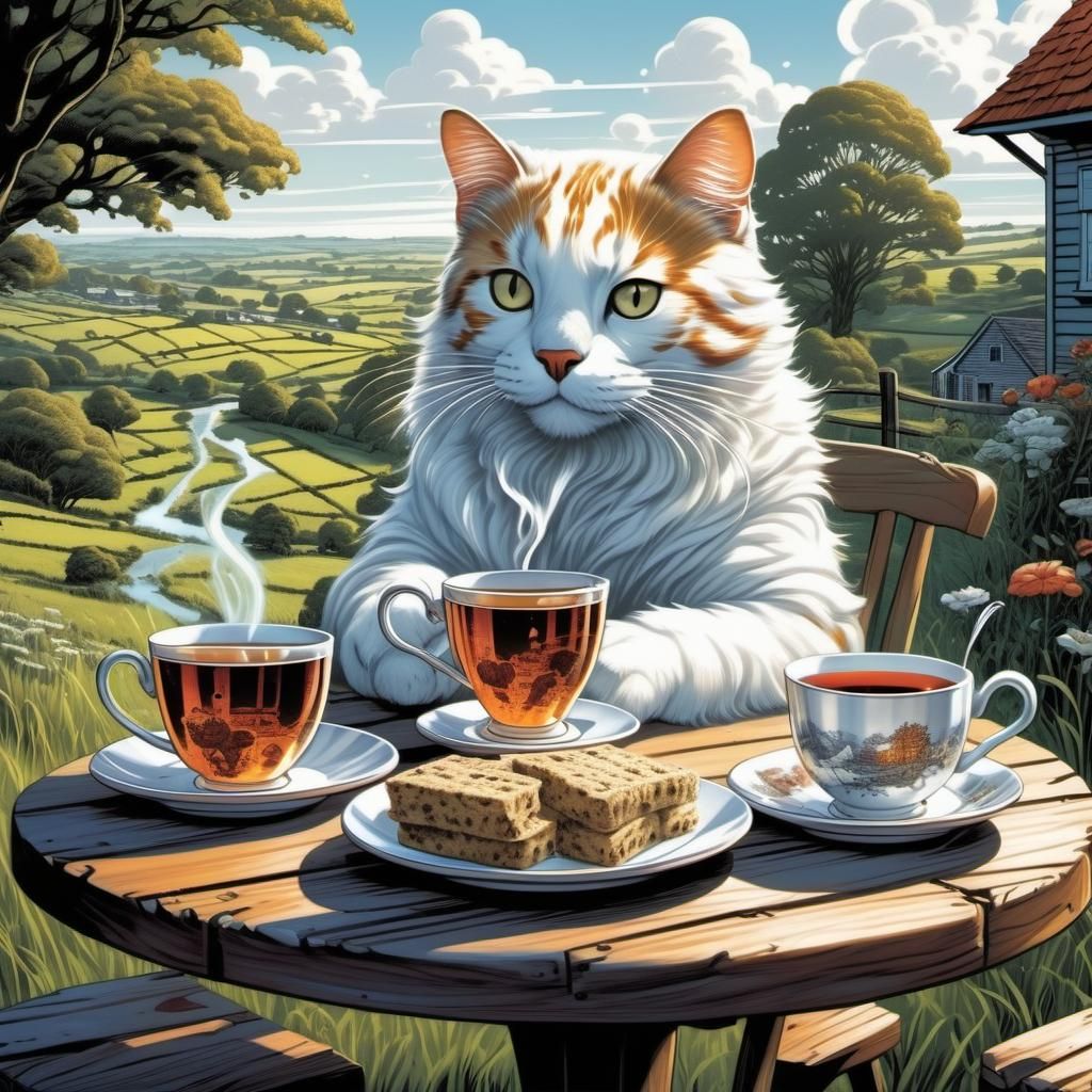 Cat Enjoys Tea in the Countryside: Comic Book Art