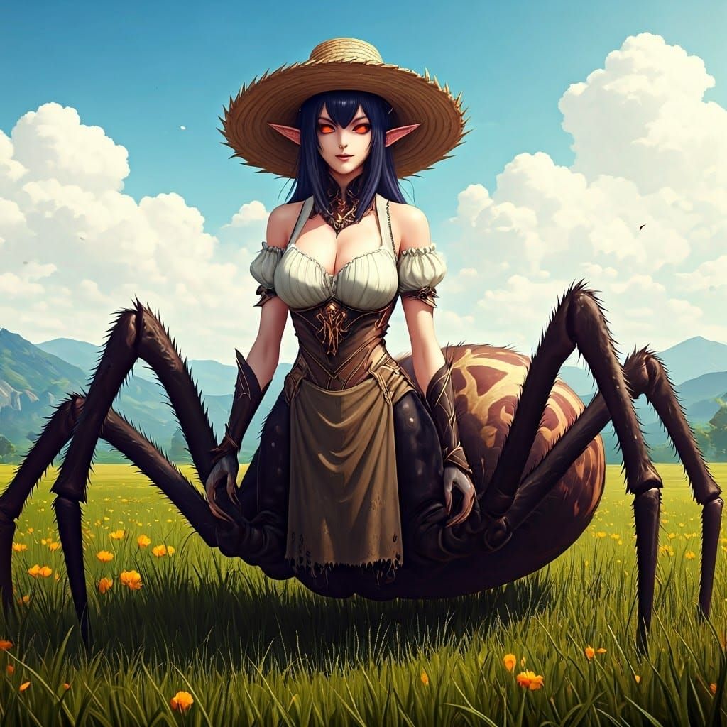 Surreal Fieldworker with Spider Lower Half in Vibrant Landsc...