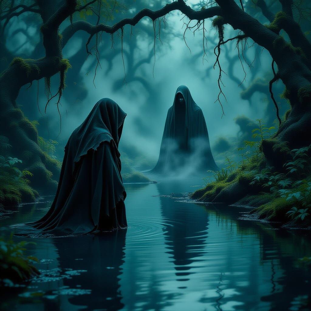 Mysterious Figure Gazes Into Reflecting Pond in Dark Forest