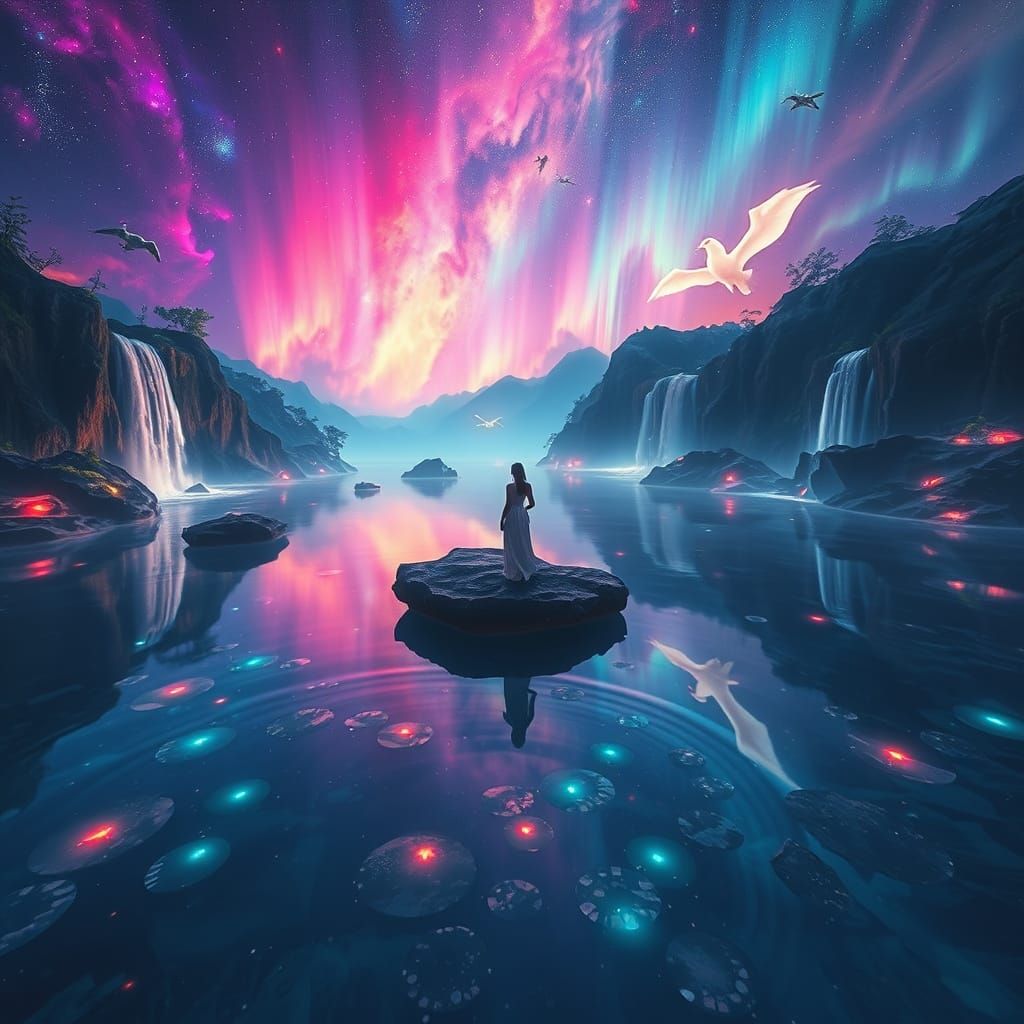 Crystal Lagoon Reflecting Nebulae in Surreal Landscape