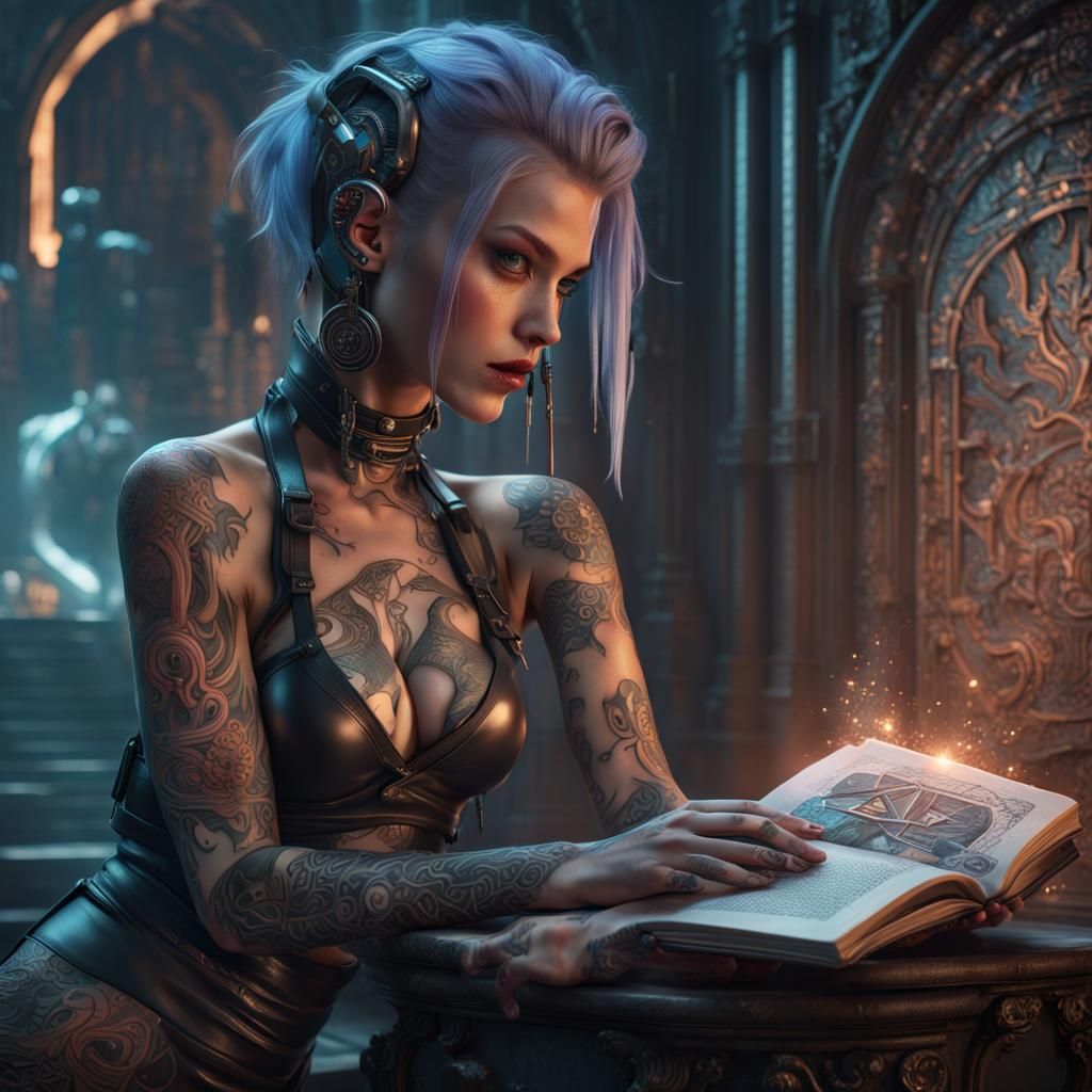 Cyberpunk Tattooed Girl with Magic Book, Detailed 8K