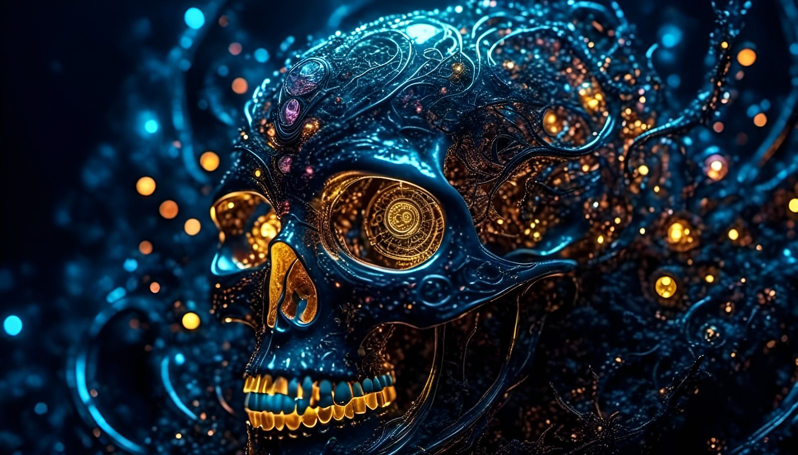 Cybernetic Bioluminescent Skull with Zentangle, in Cyberpunk...