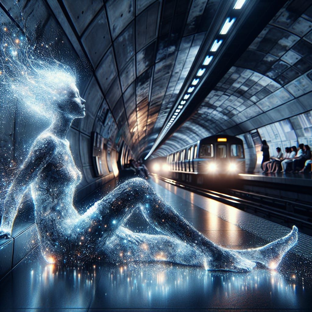 Ethereal Stardust Woman in Subway Station
