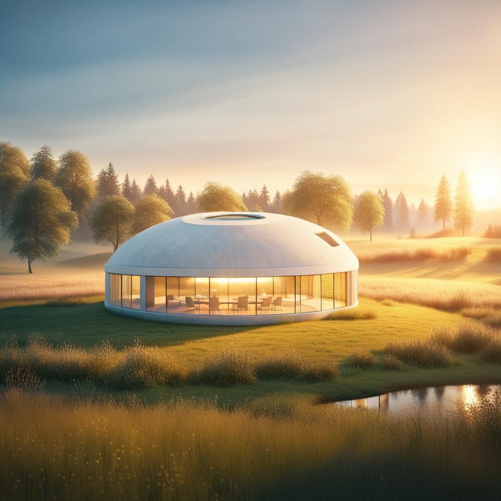 Minimalist Round House at Golden Hour: Digital Matte Paintin...