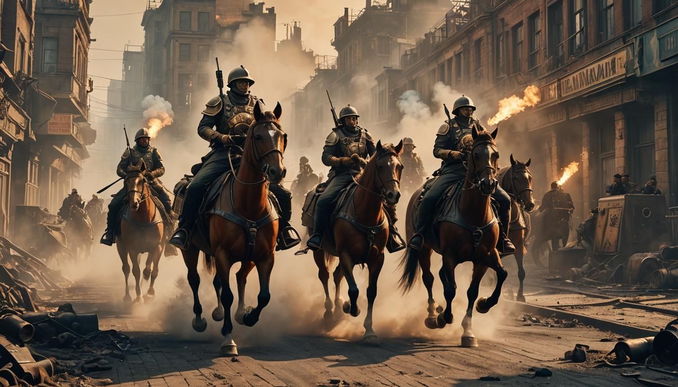 Dieselpunk Cavalry Charge Through Smoggy Battlefield