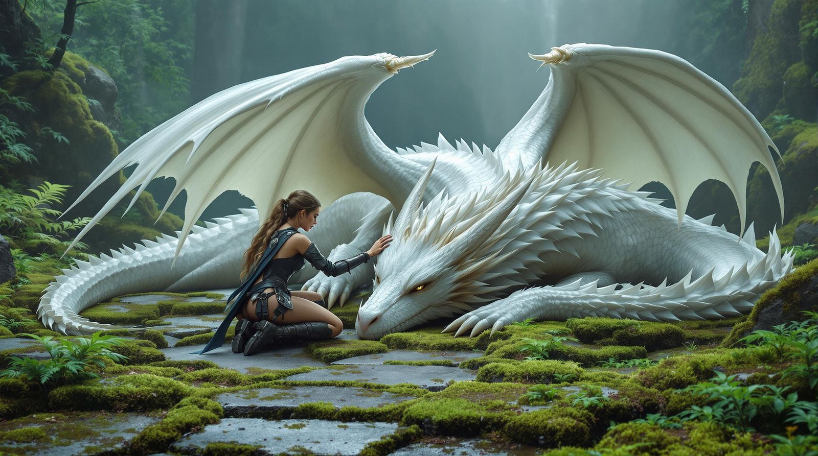 Warrior Girl and White Dragon in Misty Highlands