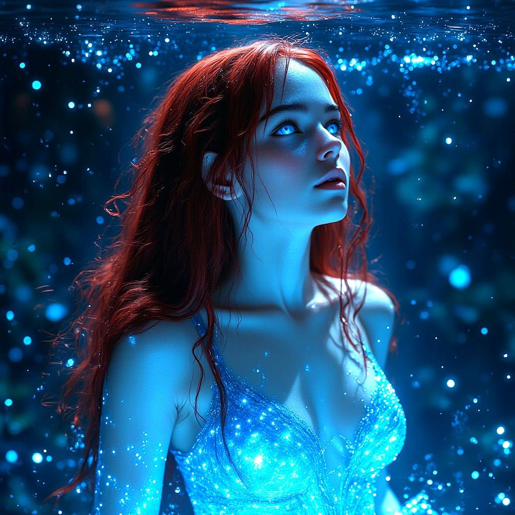 Red-Haired Woman Emerges from Lake at Night