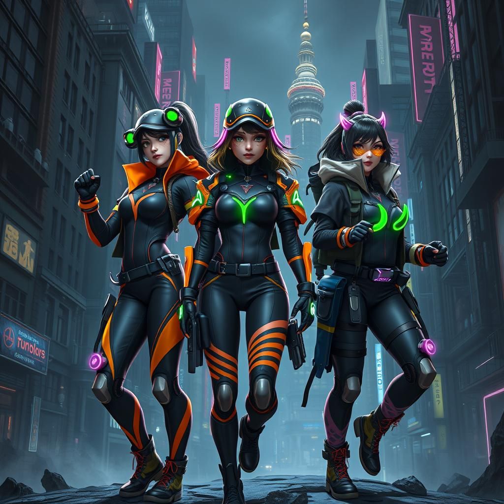 Daring Urban Warriors in Neon Dystopia: 8K Matte Painting