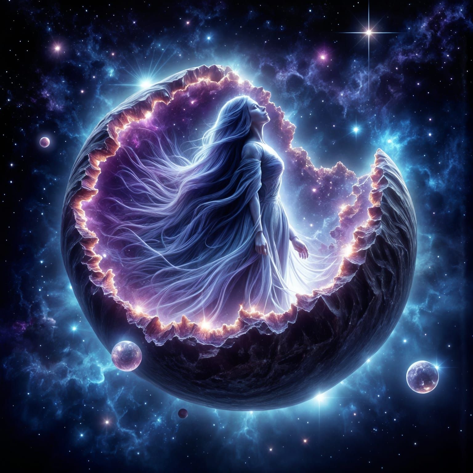 Cosmic Goddess Emerges from Geode Planet