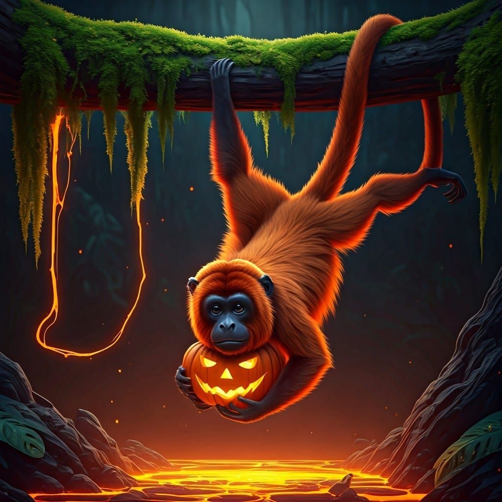 Red Howler Monkey's Halloween Pumpkin in Lava Glow
