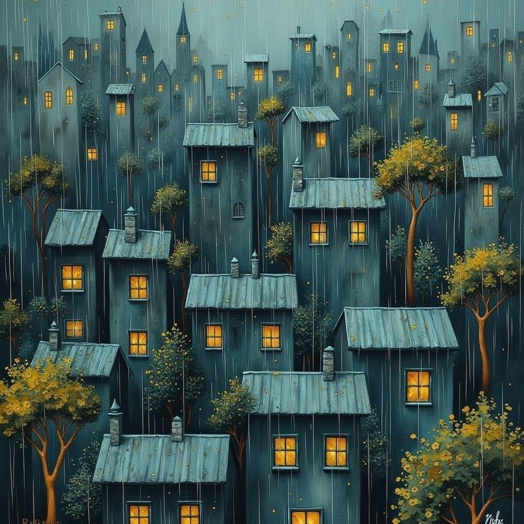 Cityscape in Heavy Rain with Impasto Effect