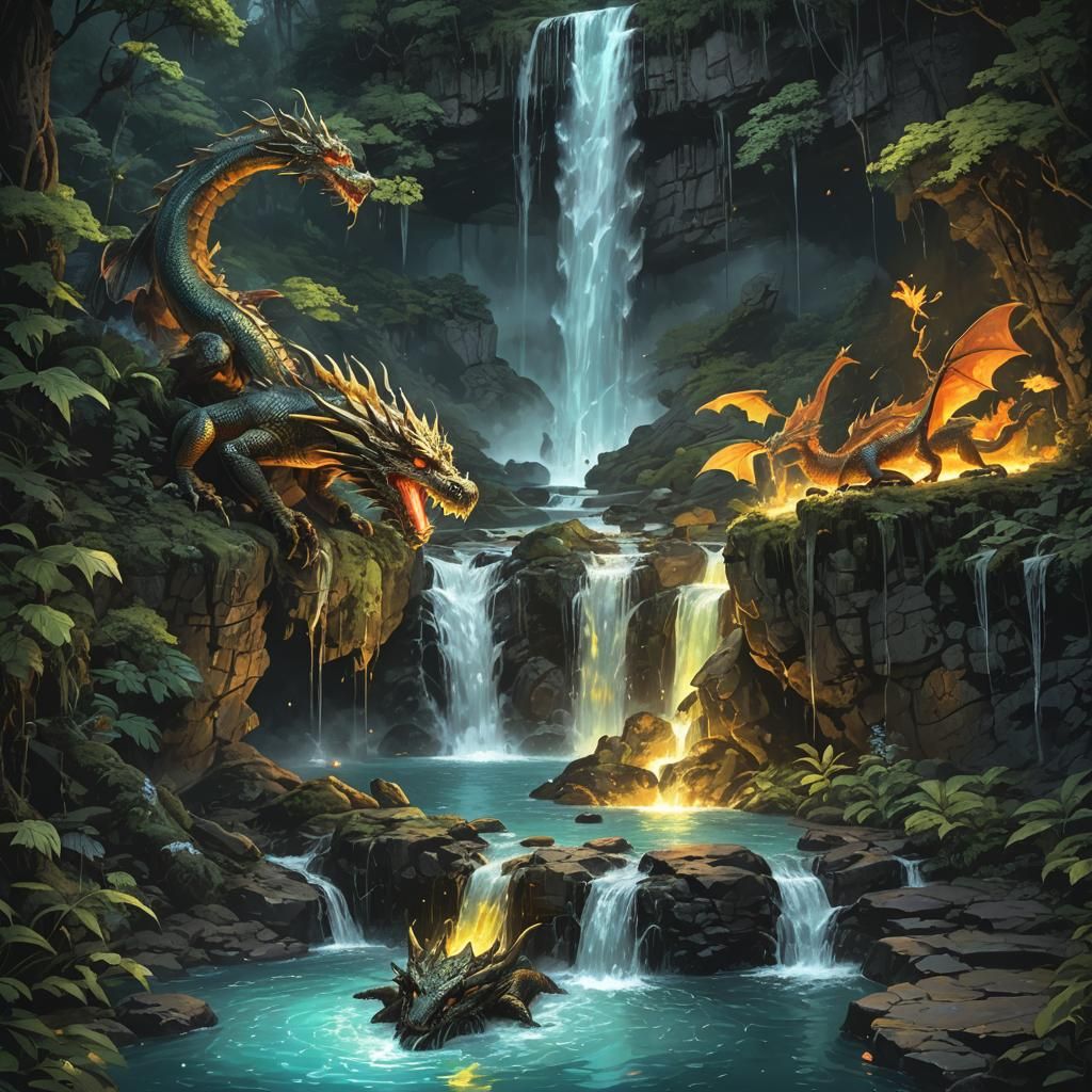 Glowing Waterfall with Dragon