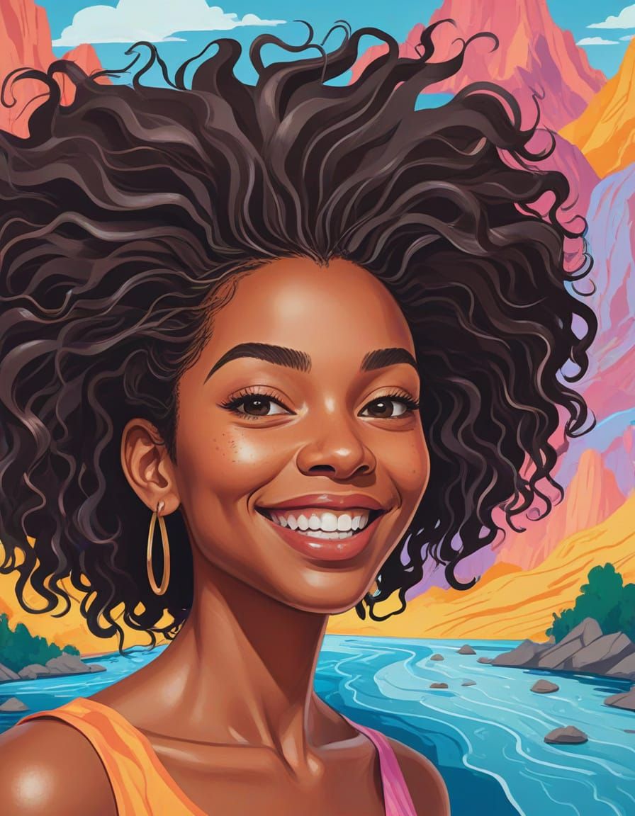 Whimsical Cartoon Portrait with Surreal Landscape Elements