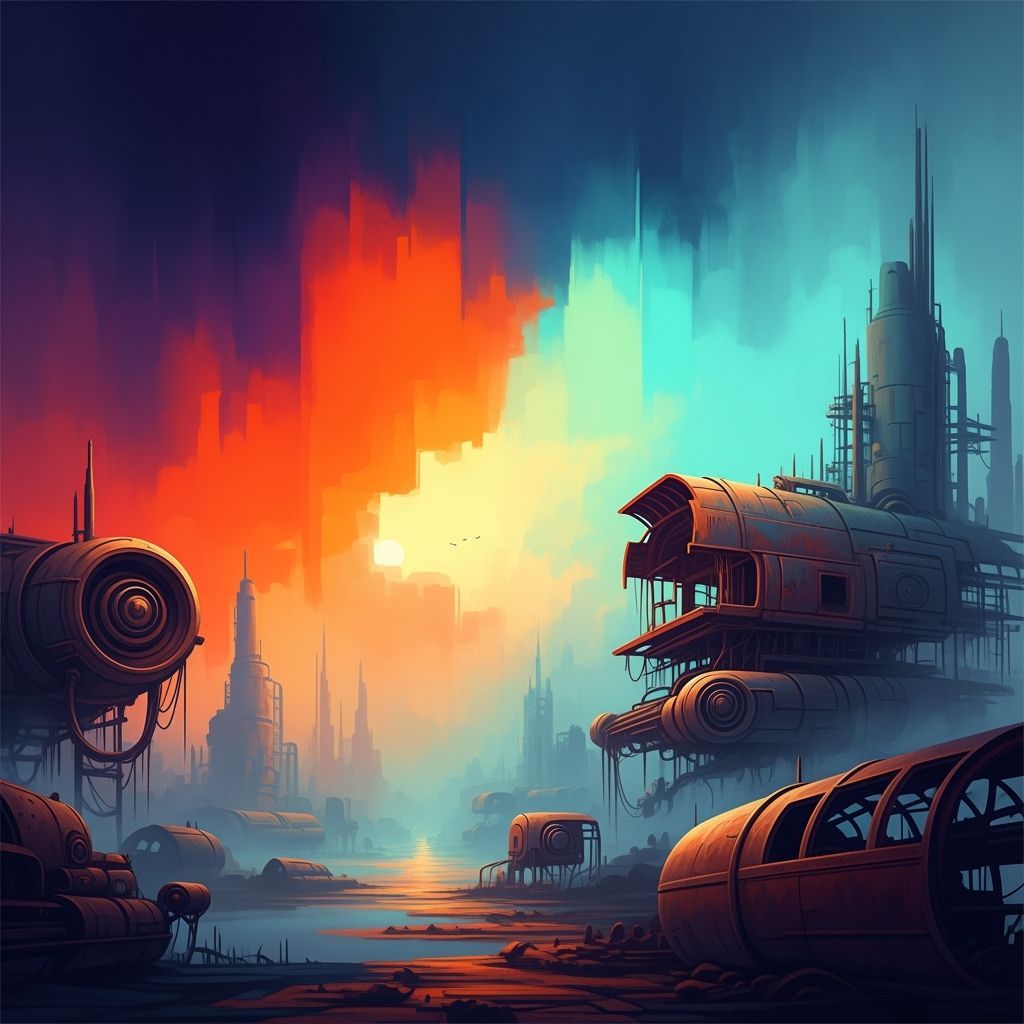 Abstract Expressionist Landscape with Retro-Futuristic Eleme...