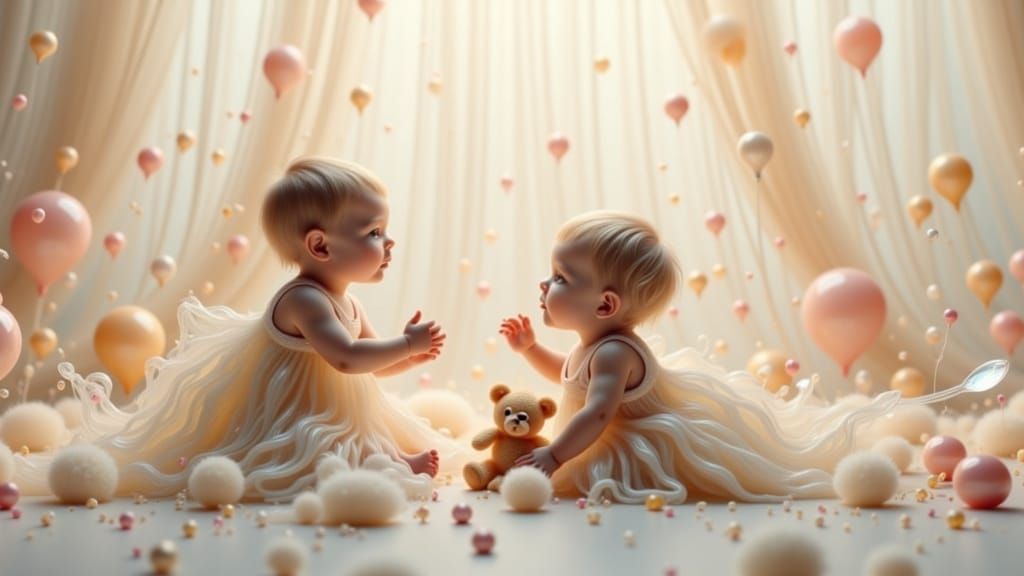 Two Adorable Toddlers Play with a Little Teddy Bear in a Whi...