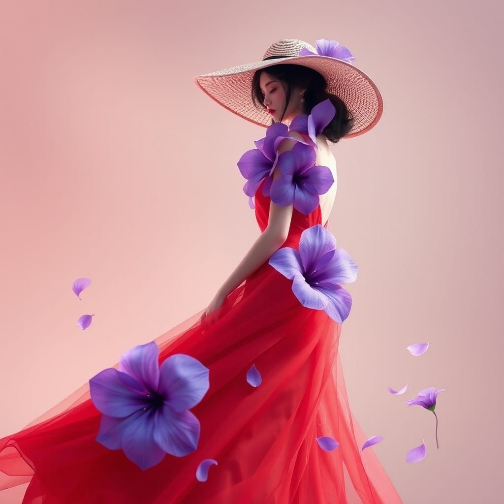 Elegant Woman in Red Sky Dress, 3D Anime Art