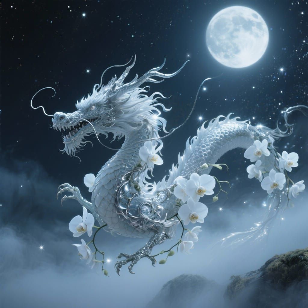 Orchid Dragon Soaring Under Luminous Moon