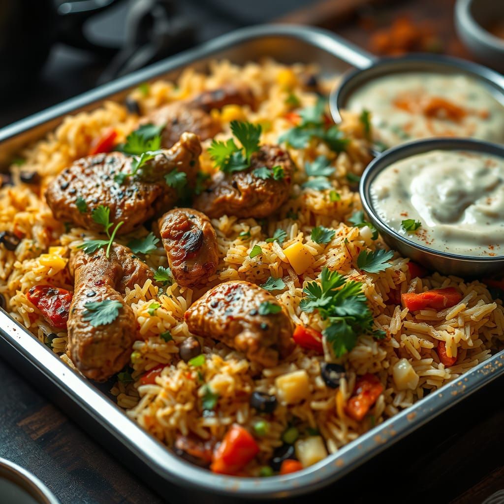 Chicken Biryani with Raita: Photorealistic Food Still