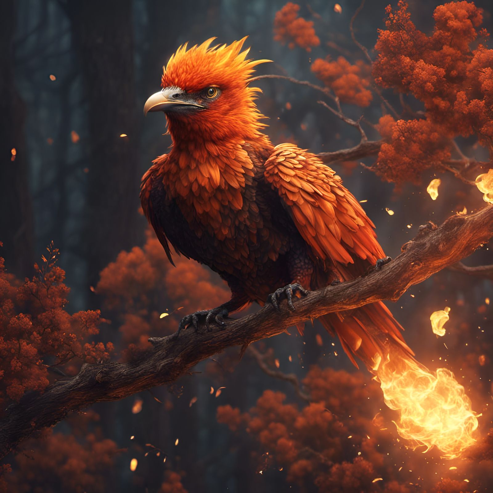 Realistic Fire Bird Portrait on Branch