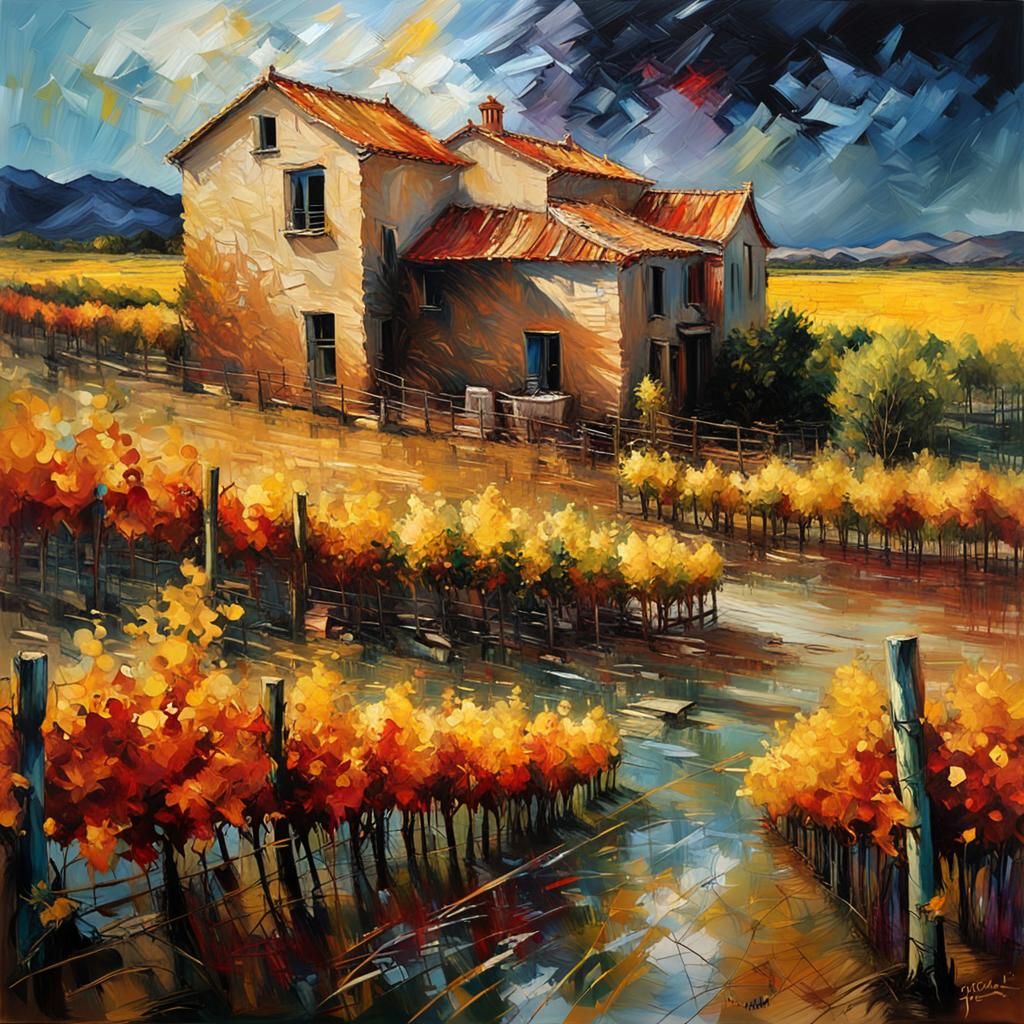 Epic Vineyard in Tachisme Style with Dynamic Brushwork