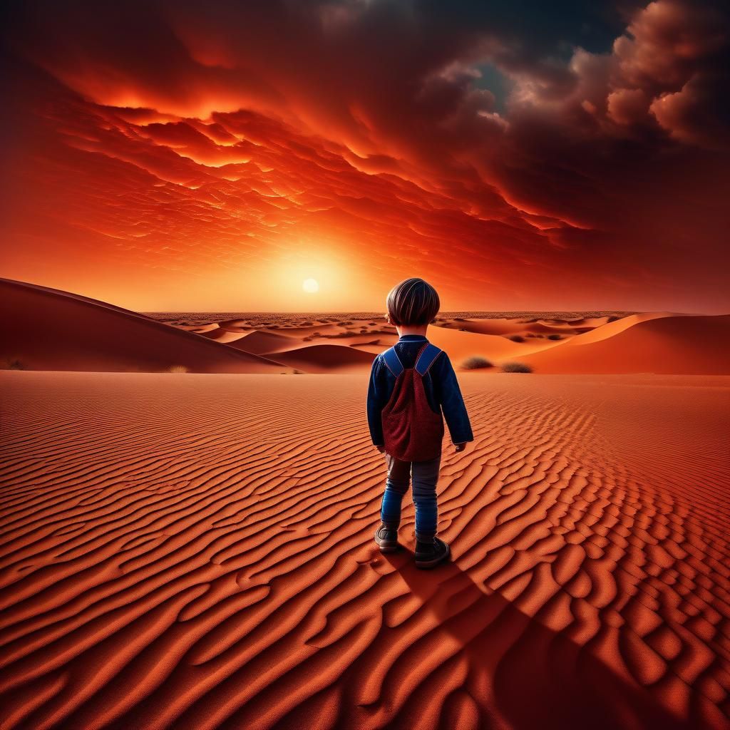 Child Lost in Vast Red Desert at Sunset