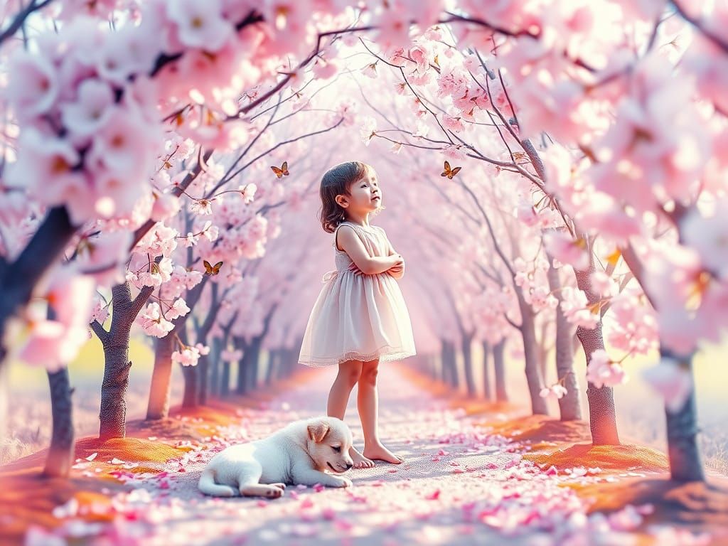 Child and Puppy in Spring Orchard, Alcohol Ink Art