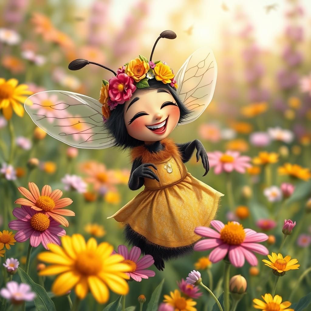 Joyful Bumblebee in Flower Meadow, Dreamy Illustration