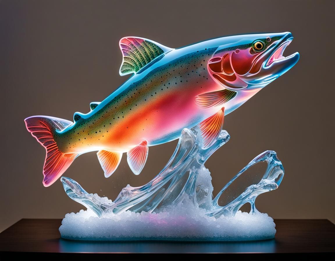 Icy Trout Sculpture Leaping in Spotlight
