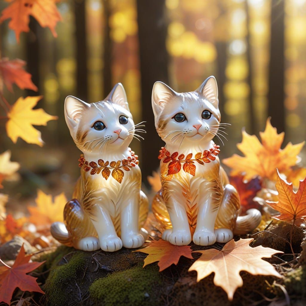 Glass Kittens in Autumn Forest with Heavenly Sunshine