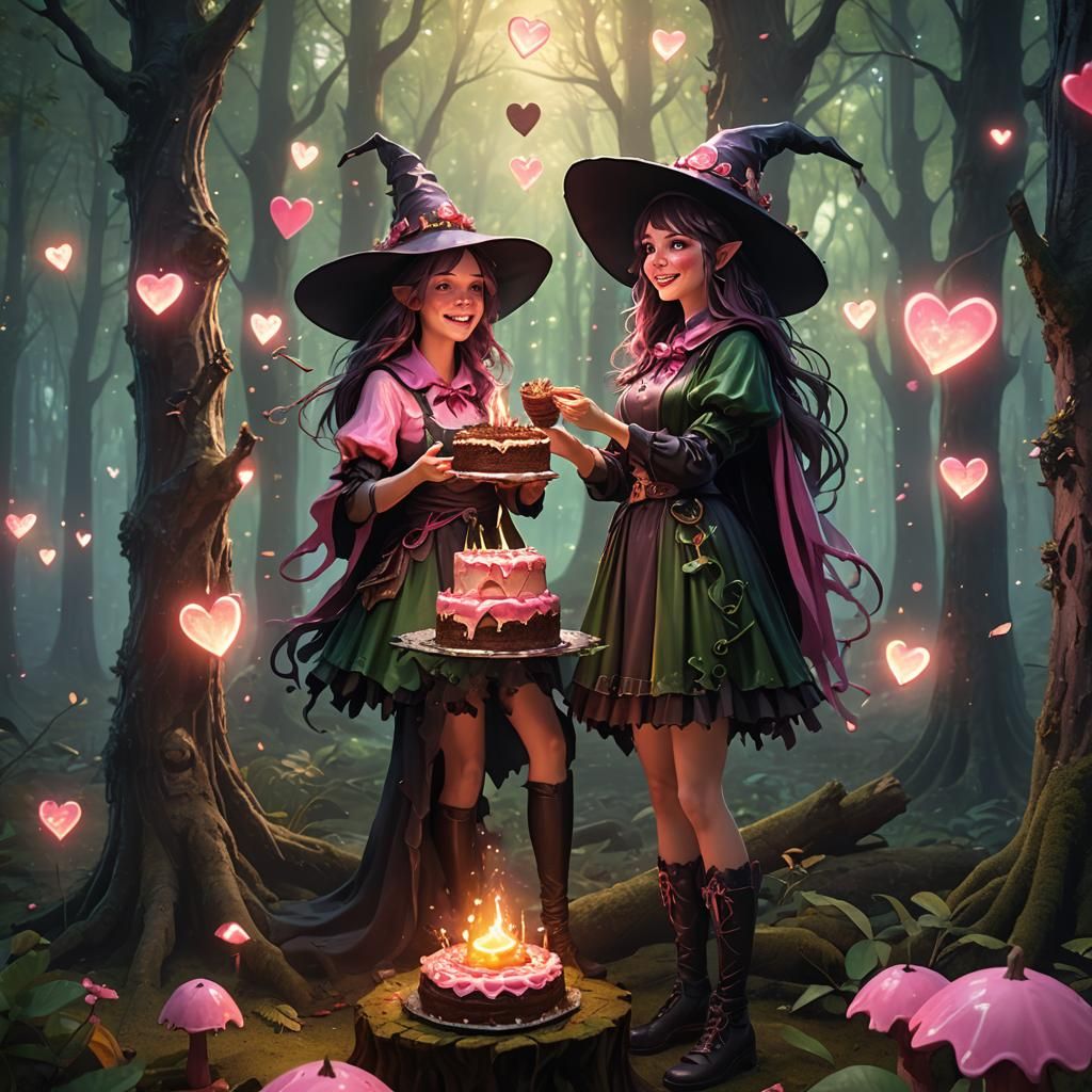 Young Witch Enjoys Cake in Mystical Forest