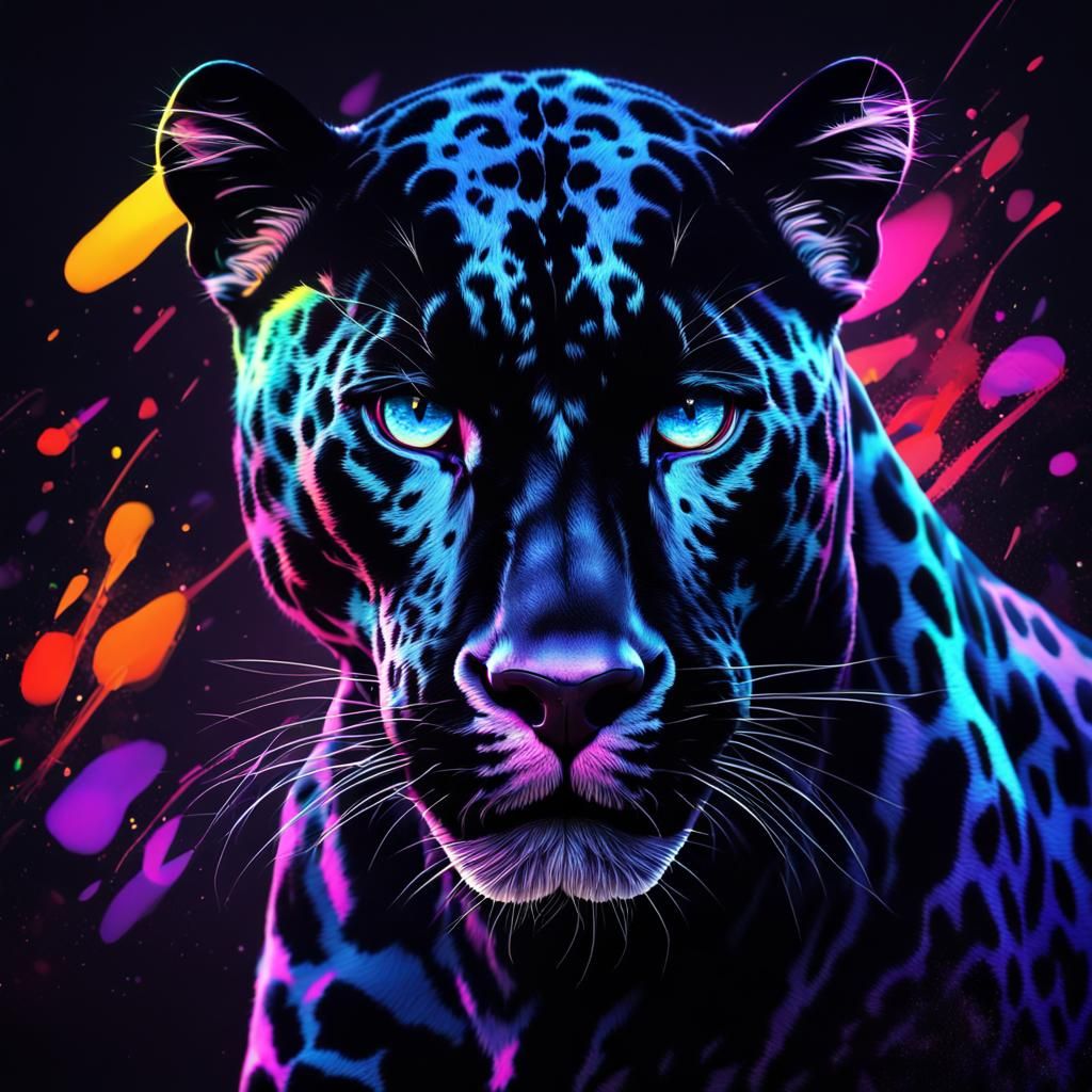 Black Jaguar with Neon Iridescent Paint Splashes