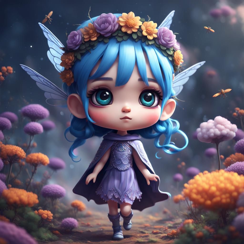 Cute Chibi Girl with Dragonfly Wings on Clouds
