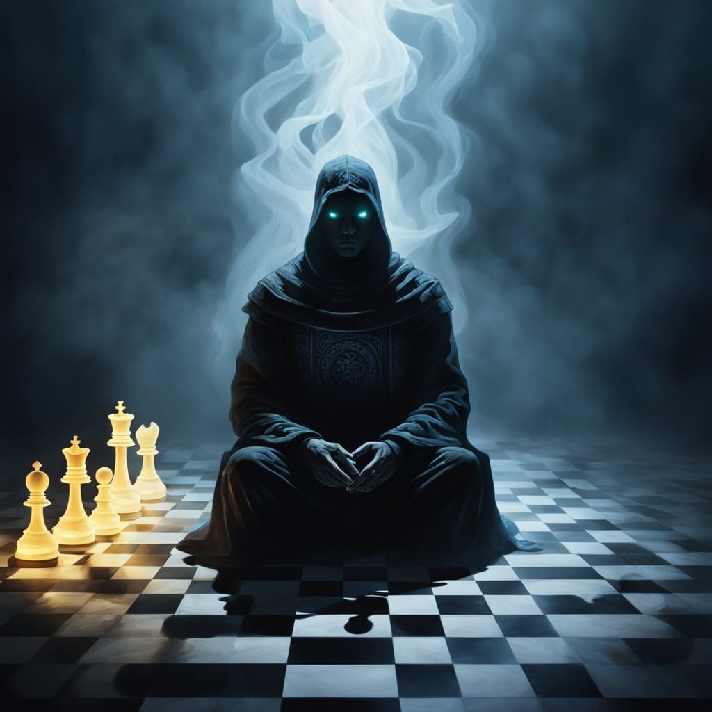 Ethereal Chessboard of Captured Souls in a Haunting Mist