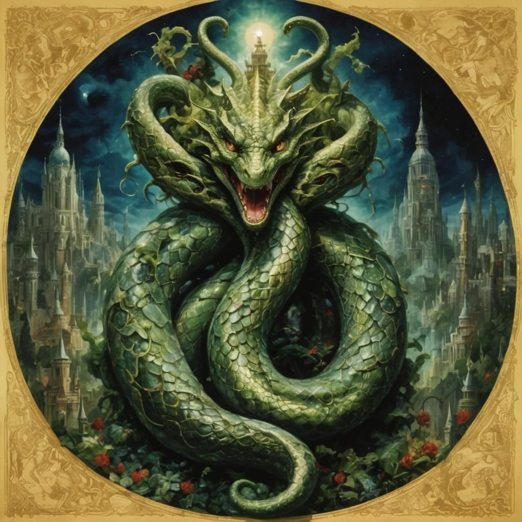 Ancient Green Serpent Awakens in a Dark, Mystical Metropolis