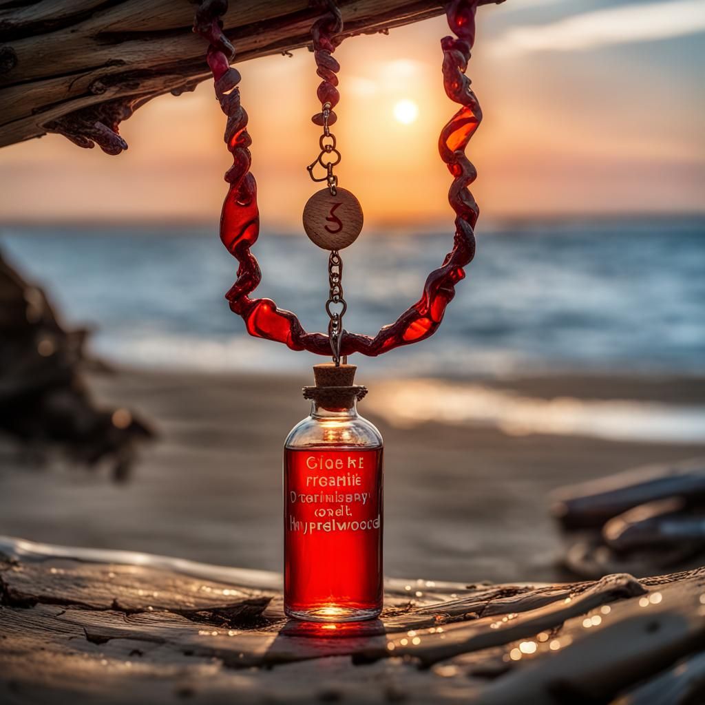 Hyperrealistic Red Necklace on Beach at Sunset
