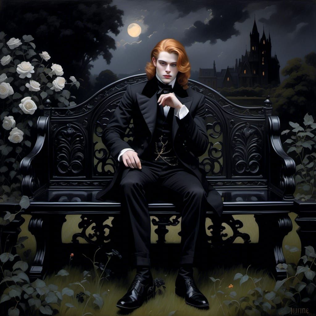 Victorian Goth Man in Black Rose Garden at Night
