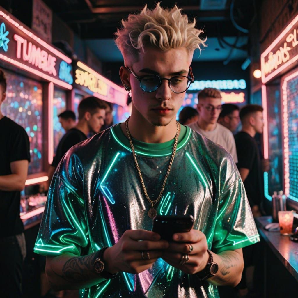 Handsome Young Guy in Grunge Aesthetic Disco Outfit