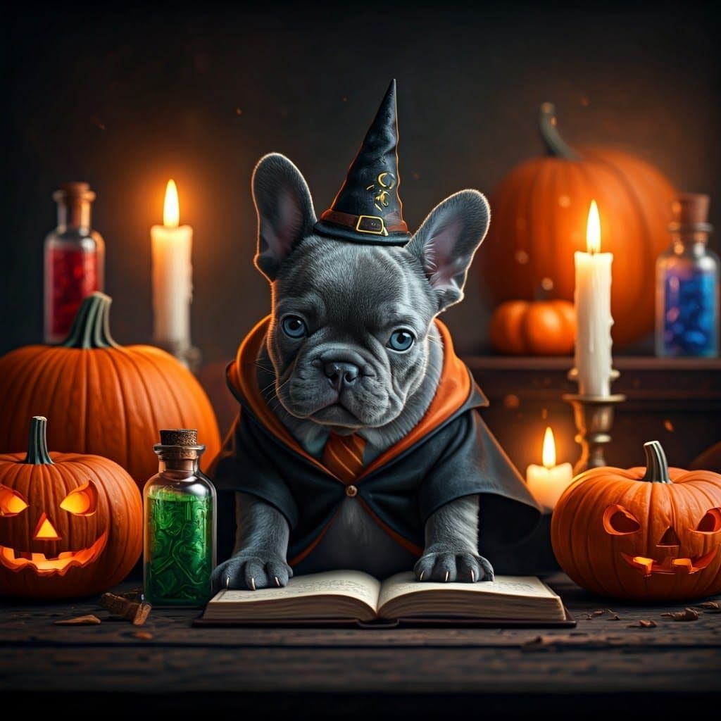 Blue French Bulldog Puppy Wizard in Magical Room