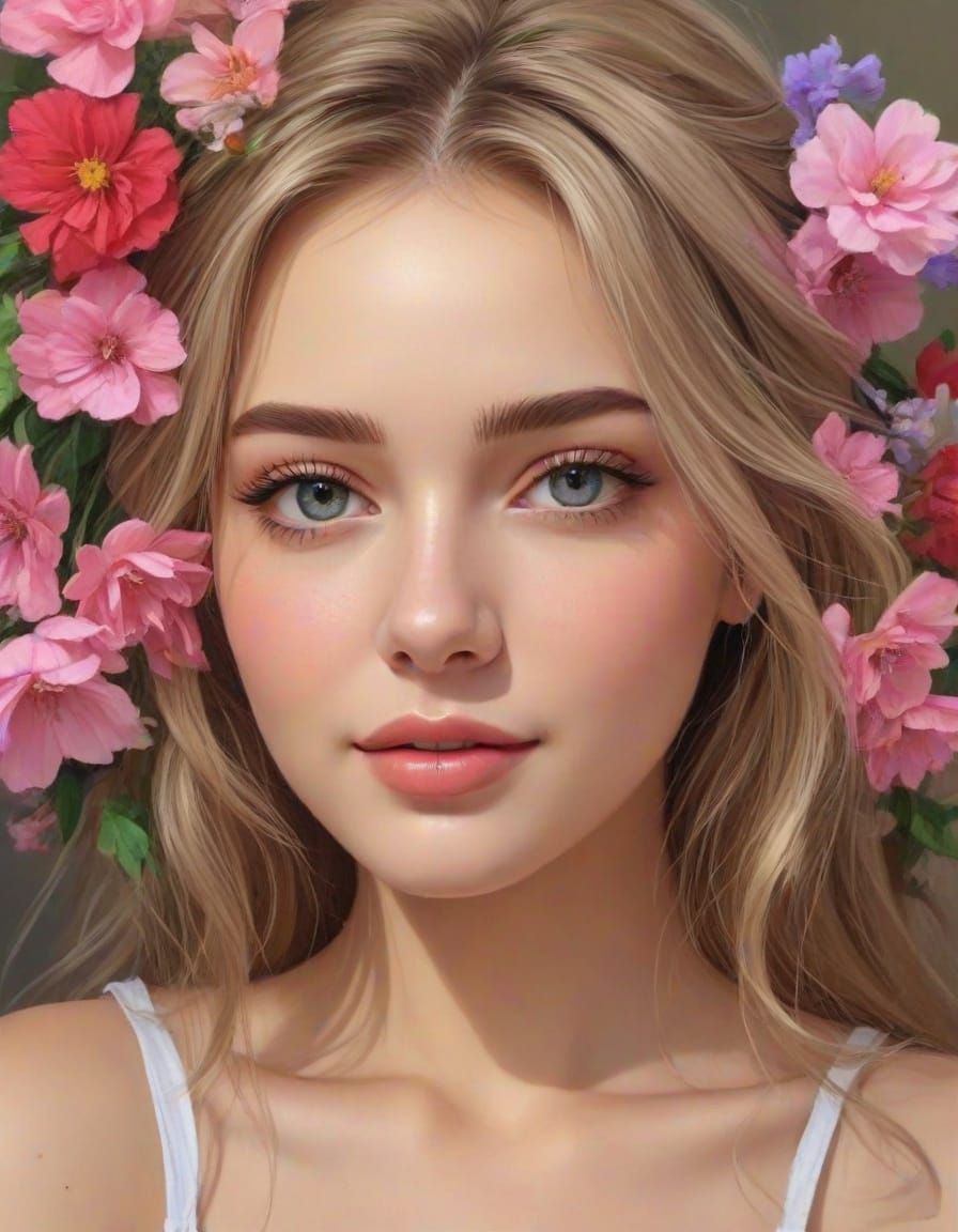 Surreal Portrait of a Happy Woman Among Flowers and Books