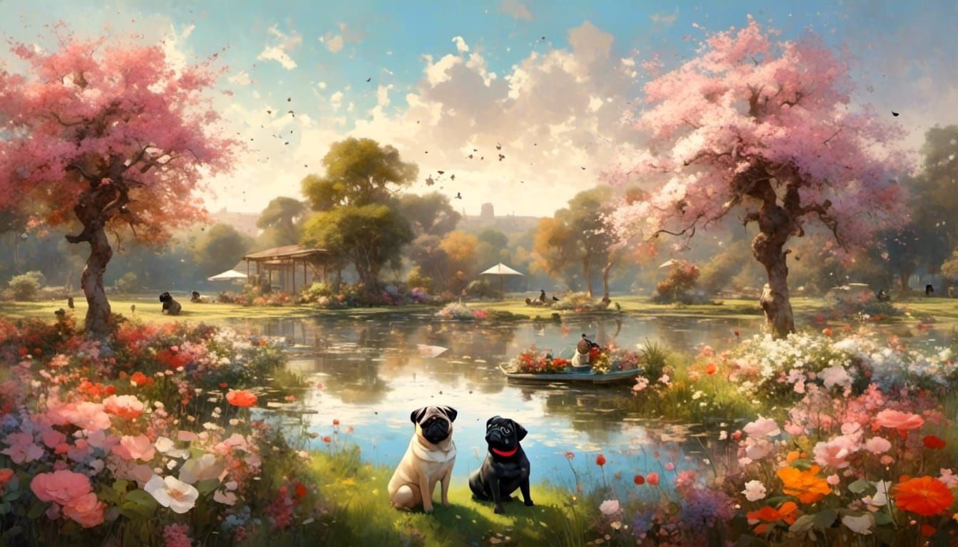 Pugs in Floral Field Landscape