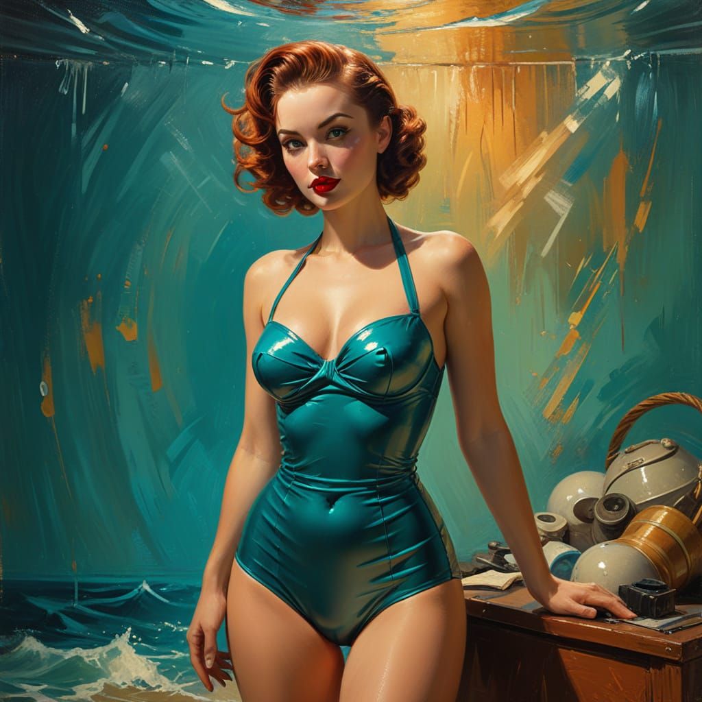 1950s Pin-Up in Latex Bikini with Painterly Brushstrokes