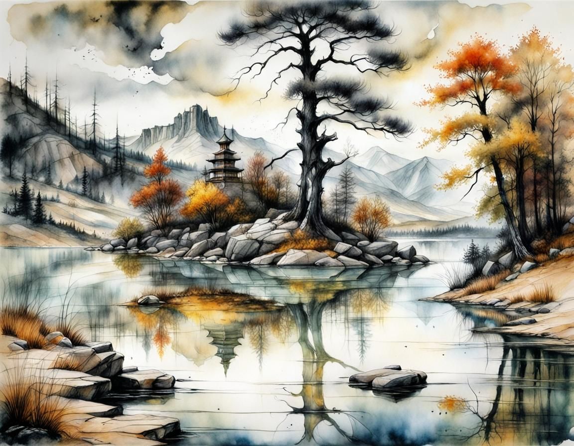 Autumn Lake Landscape in Watercolor and Ink