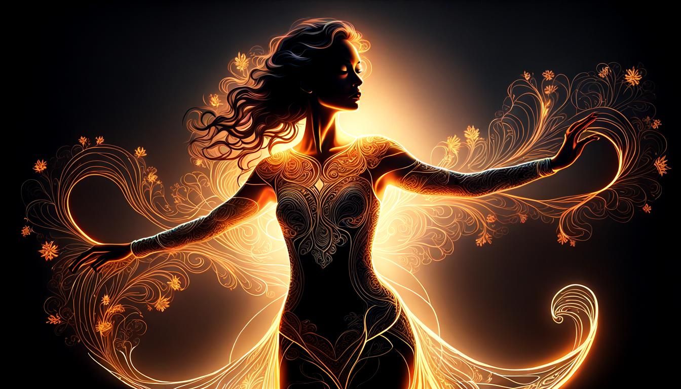 Backlit Embroidered Woman: High-Contrast Anime Art